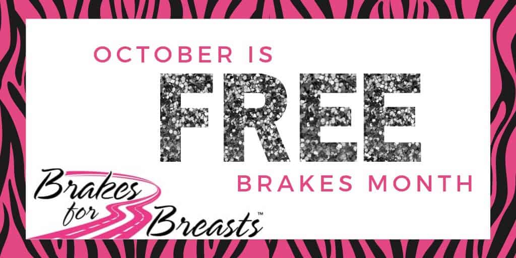 October is FREE Brakes Month in pink and silver glitter text with Brakes for Breasts logo and pink and black zebra boarder