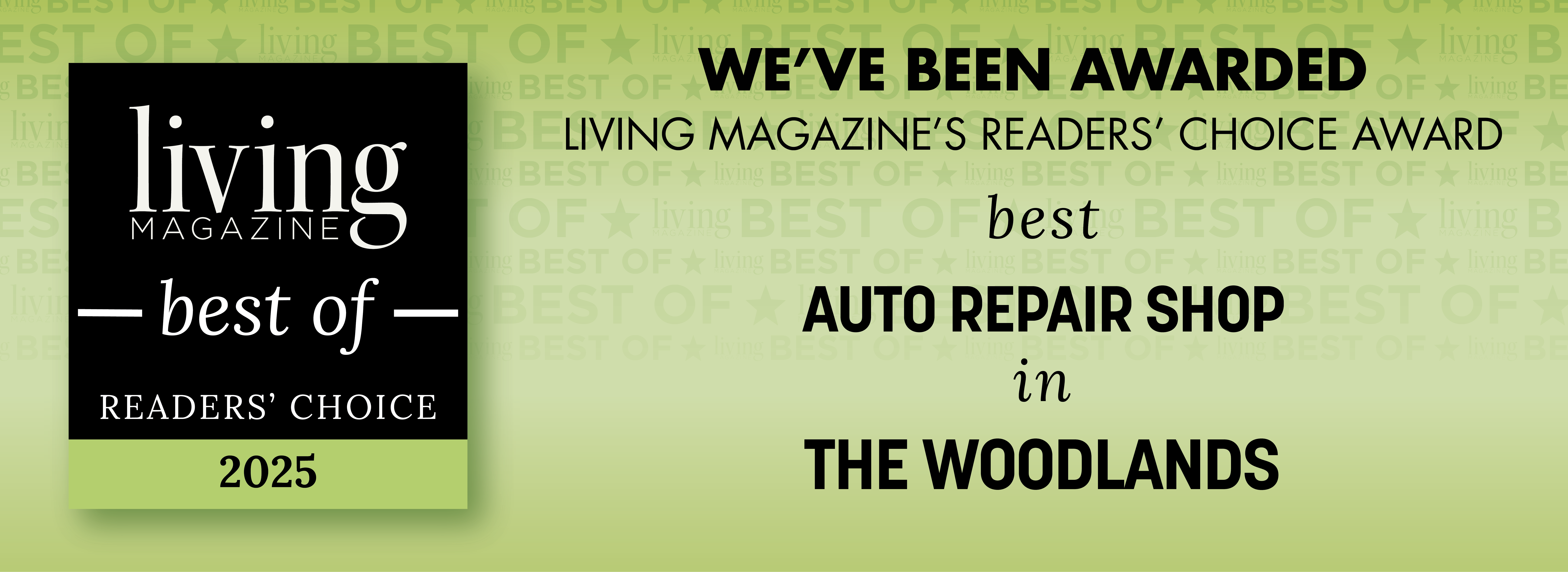 Blog 2 Best auto repair shop in The Woodlands, TXx. Repair One Tire and Auto. Green banner announcing the winner of best auto repair shop in The Woodlands.